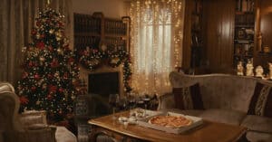 Decoración navideña en sala clásica con árbol de Navidad y luces cálidas.