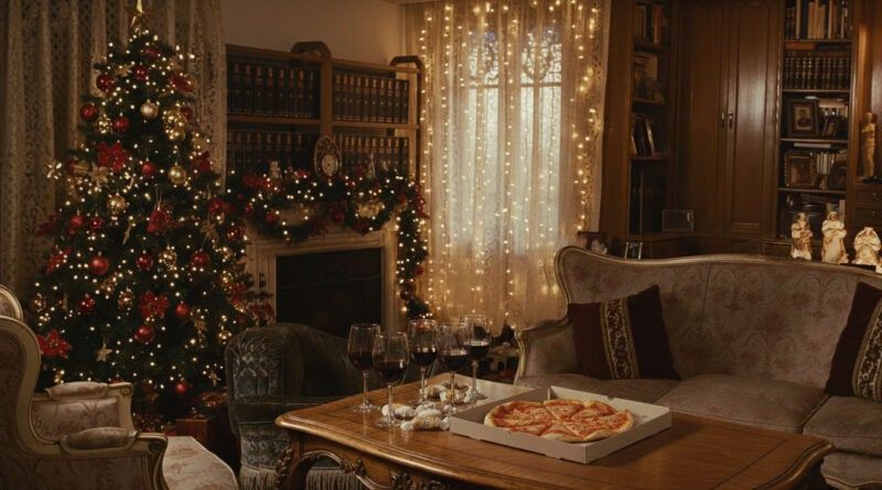 Decoración navideña en sala clásica con árbol de Navidad y luces cálidas.